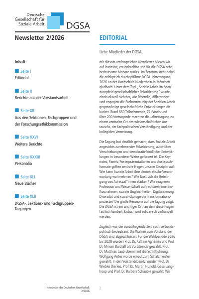 Cover der Ausgabe: Soziale Arbeit Jahrgang 75 (2026), Heft 2 dgsa Newsletter