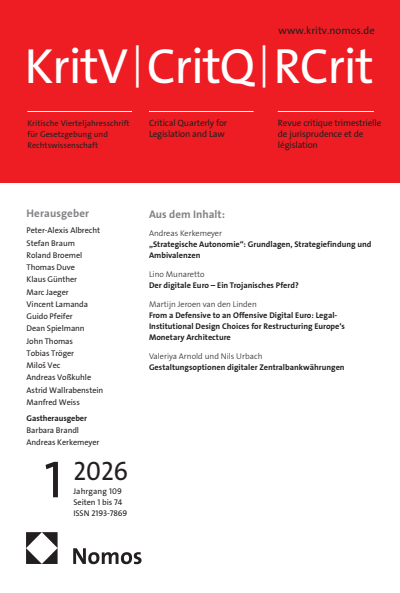 Cover der Ausgabe: KritV Kritische Vierteljahresschrift für Gesetzgebung und Rechtswissenschaft Jahrgang 109 (2026), Heft 1